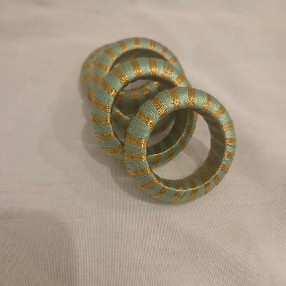 Light Green Gold Striped Napkin Rings Set of 4